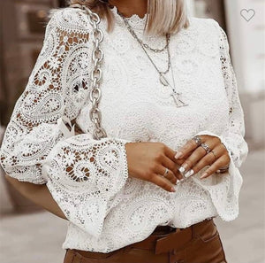 White Lace Stand Collar Hollow Out Solid Color Top