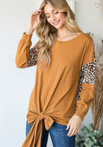 Camel Leopard Color Block Top with Front Tie