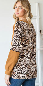 Camel Leopard Color Block Top with Front Tie