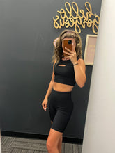 Load image into Gallery viewer, Black Ribbed Keyhole Sports Bra & Biker Short Set