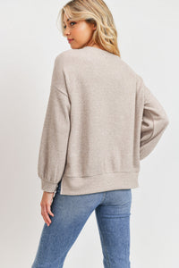 Taupe Balloon Sleeves Henley Thermal Brushed Knit Top