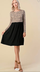 Khaki Leopard and Solid Black Babydoll Dress