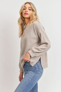 Taupe Balloon Sleeves Henley Thermal Brushed Knit Top