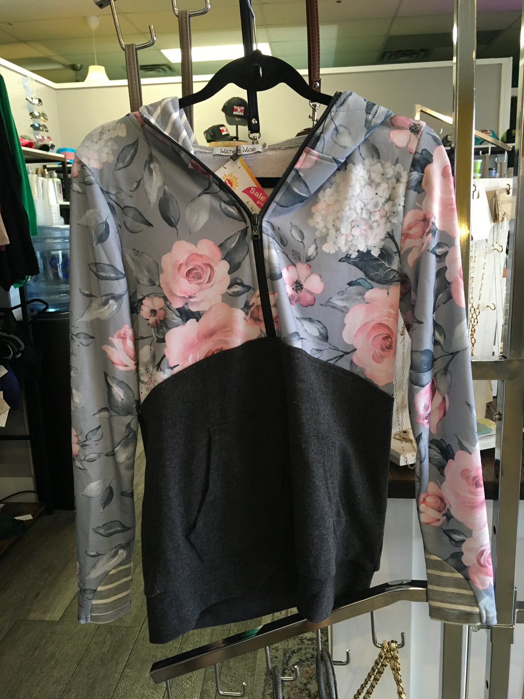 Pink and Gray Flowered Hoodie