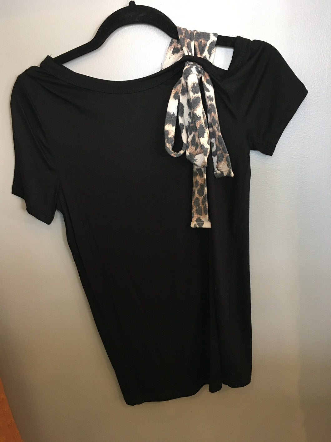 Black Top with Leopard Shoulder Tie