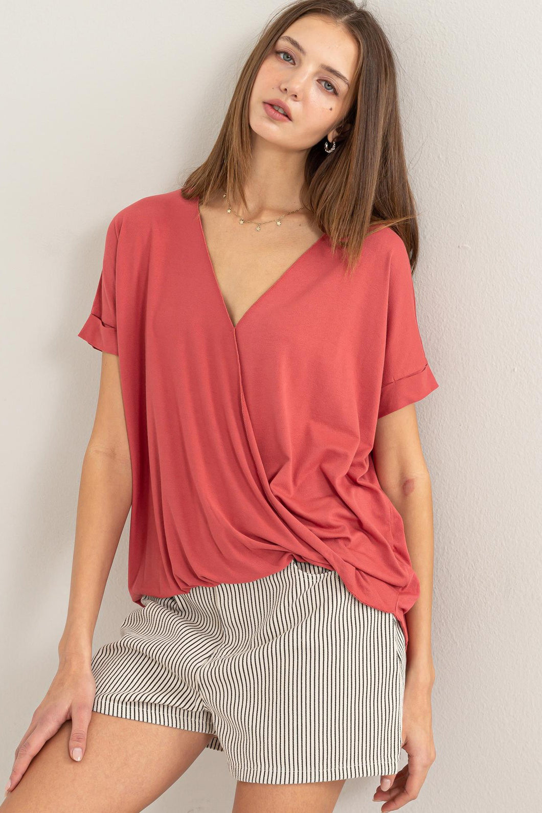 Brick Short Sleeve Surplice Top