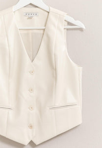 Ecru Sleek Faux Leather Button Up Vest