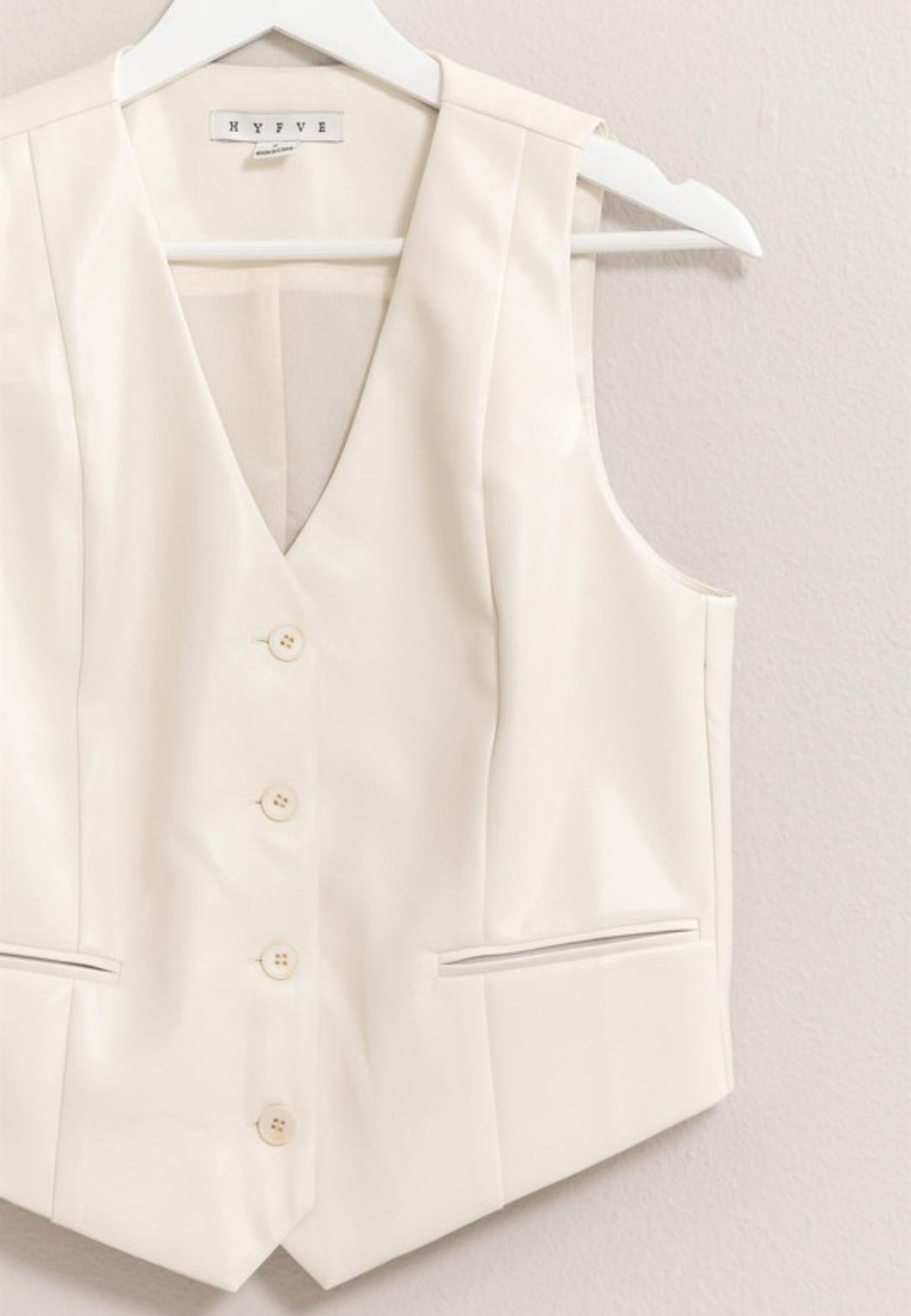 Ecru Sleek Faux Leather Button Up Vest