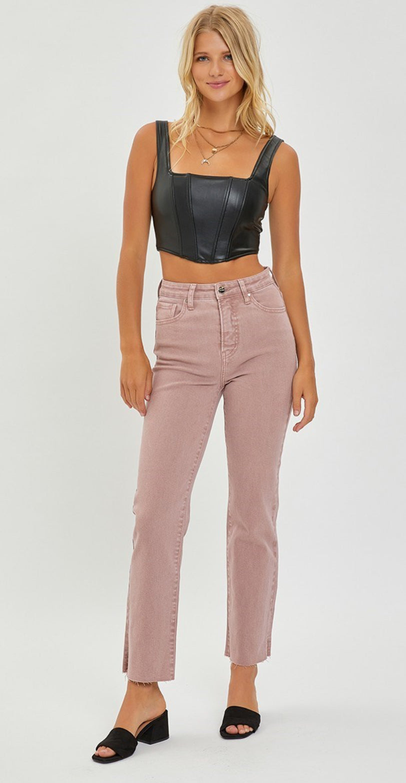 Risen Mauve HighRise Tummy Control Raw Hem Straight Jeans
