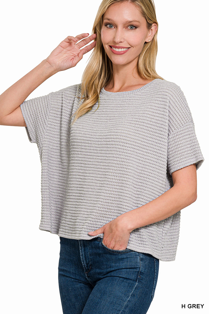 Heathered Grey Drop Shoulder Short Sleeve Jacquard Sweater