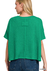 Kelly Green Drop Shoulder Short Sleeve Jacquard Sweater