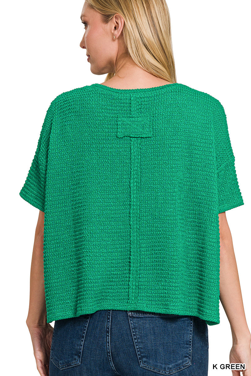 Kelly Green Drop Shoulder Short Sleeve Jacquard Sweater