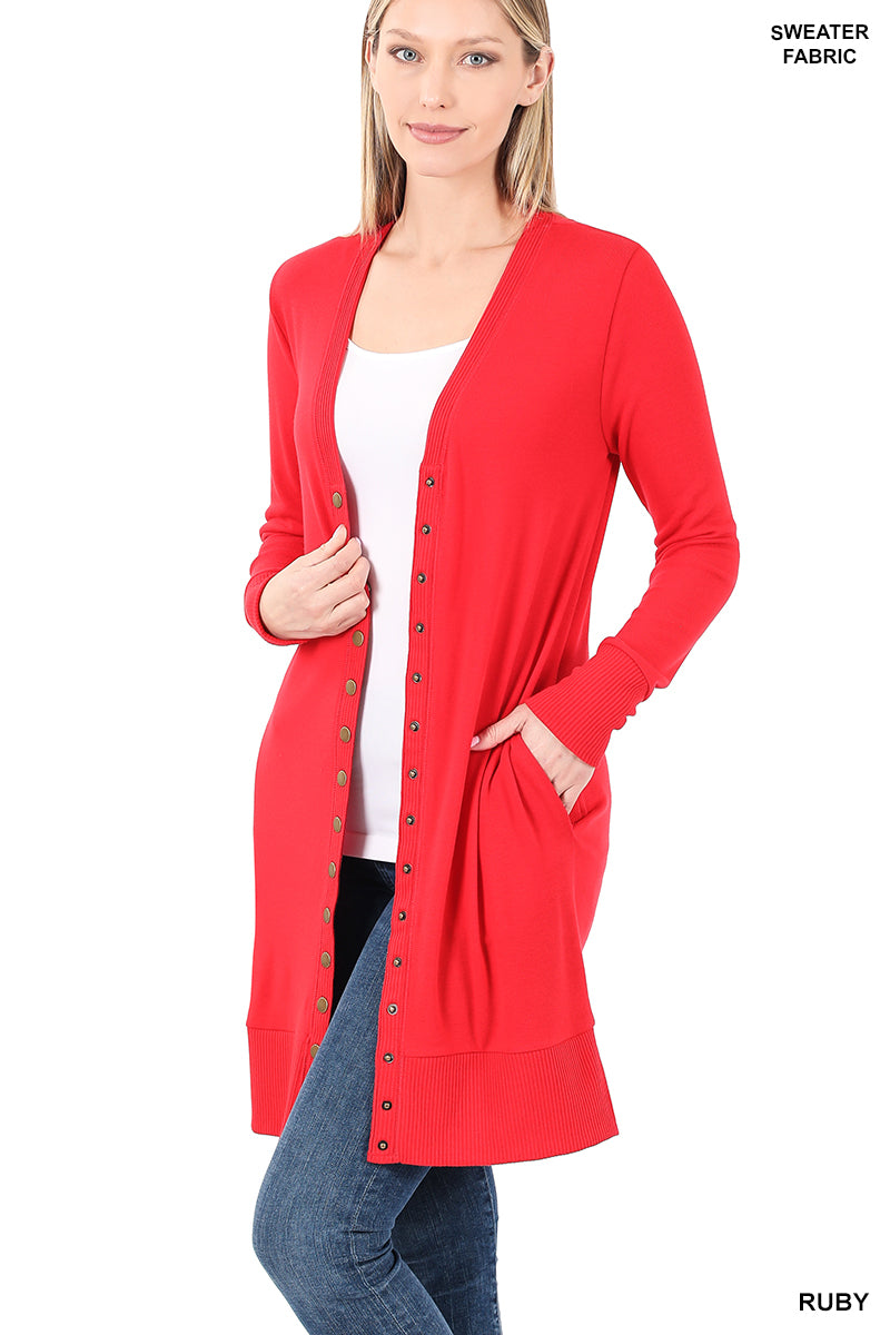 Ruby Red Thigh-Length Snap Button Cardigan w/ Ribbed Detail