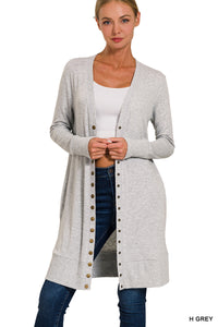 Heathered Grey Thigh-Length Snap Button Cardigan w/ Ribbed Detail