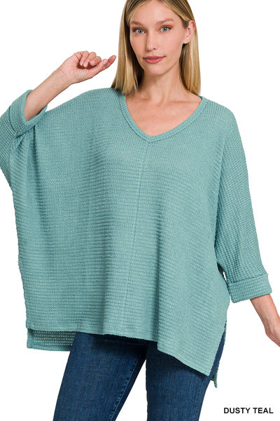Dusty Teal 3/4 Length Jacquard Sweater
