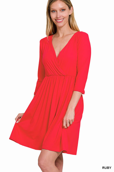 Ruby Red Buttery Soft 3/4 Sleeve Surplice Dress