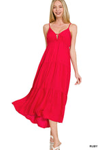 Load image into Gallery viewer, Ruby Red Woven Sweetheart  Neckline Tiered Midi Dress
