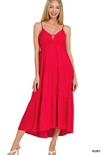 Load image into Gallery viewer, Ruby Red Woven Sweetheart  Neckline Tiered Midi Dress
