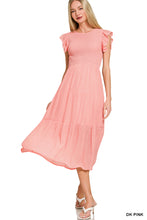 Load image into Gallery viewer, Dark Pink Woven Smocked Ruffle Sleeve Midi Dress

