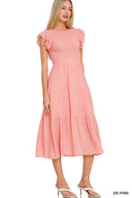 Load image into Gallery viewer, Dark Pink Woven Smocked Ruffle Sleeve Midi Dress
