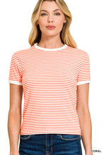 Load image into Gallery viewer, Coral Striped Contrast Trim Rib Banded Tee
