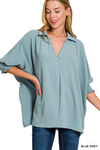 Load image into Gallery viewer, Blue Grey Airflow Collar Tee W/ Smocked Sleeve Band Top
