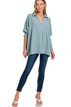 Load image into Gallery viewer, Blue Grey Airflow Collar Tee W/ Smocked Sleeve Band Top
