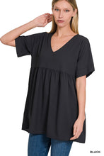 Load image into Gallery viewer, Black Woven Heavy Dobby Empire Waist Shirring Top
