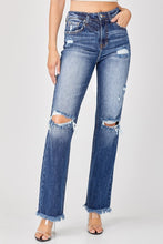 Load image into Gallery viewer, Risen Deep Blue High Rise Straight Knee Distressed Jeans
