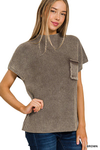 Brown Washed Mock Neck Short Sleeve Sweater