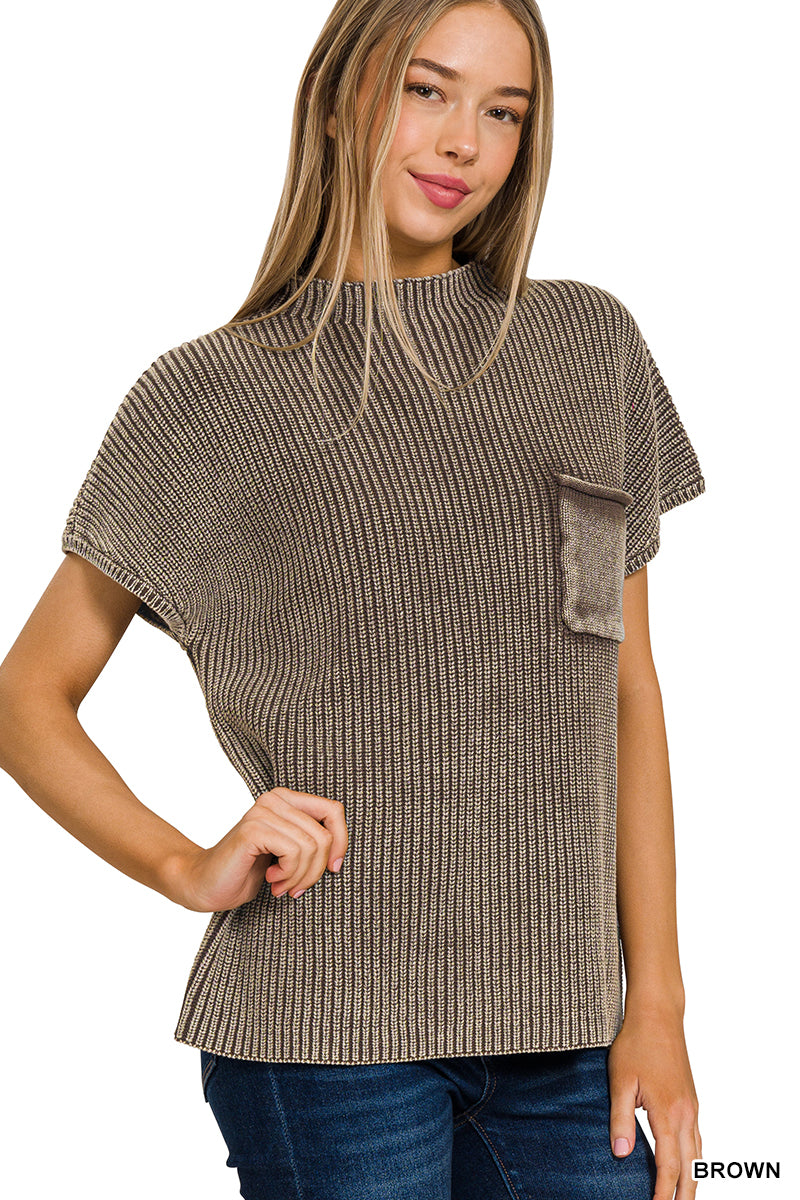 Brown Washed Mock Neck Short Sleeve Sweater