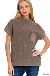 Brown Washed Mock Neck Short Sleeve Sweater