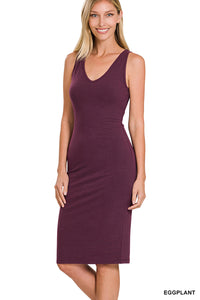 Eggplant V-Neck Cotton Sleeveless MidiDress