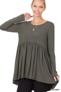 Ash Grey Long Sleeve with Waist Shirring Top