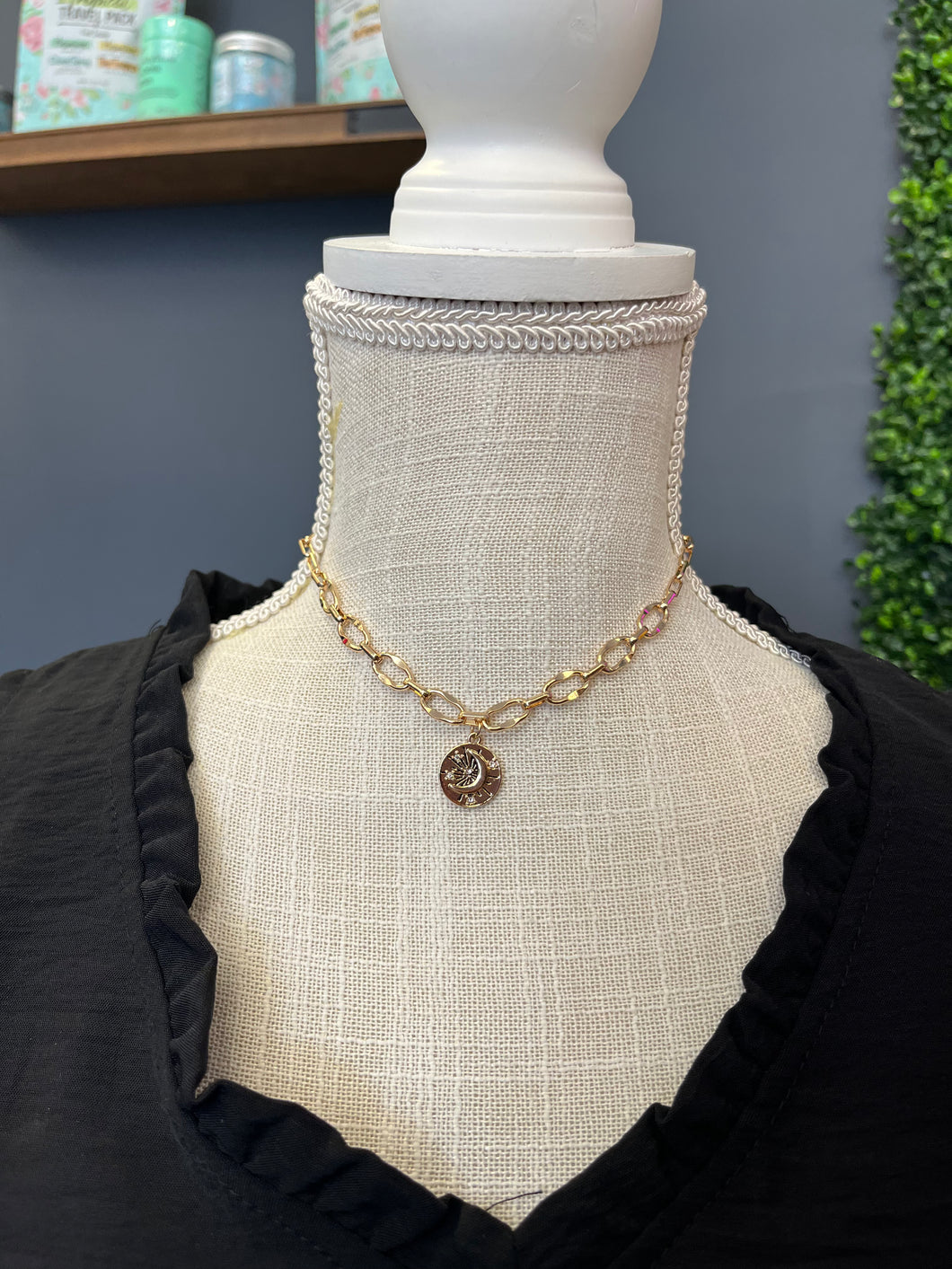 Gold Paperclip Chain with Moon Charm