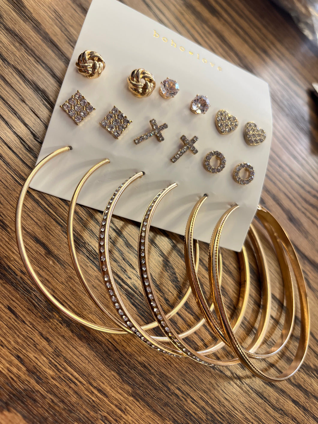 Gold Rhinestone Stud & Hoop Earring Set
