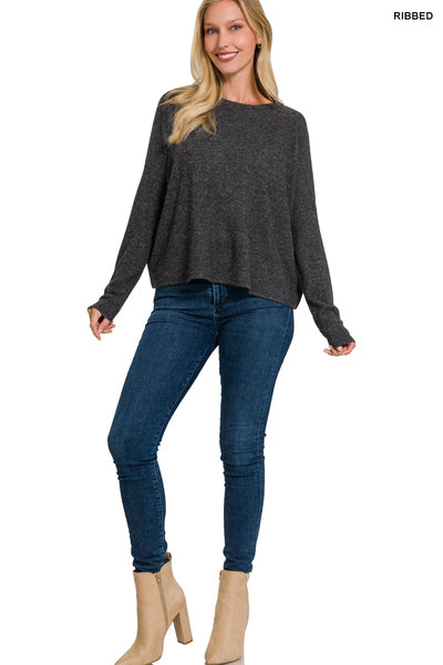 Black Ribbed Dolman Long Sleeve Top'
