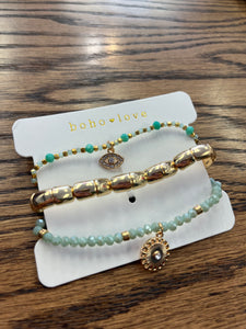 3 Piece Aqua and Gold Bracelet Set