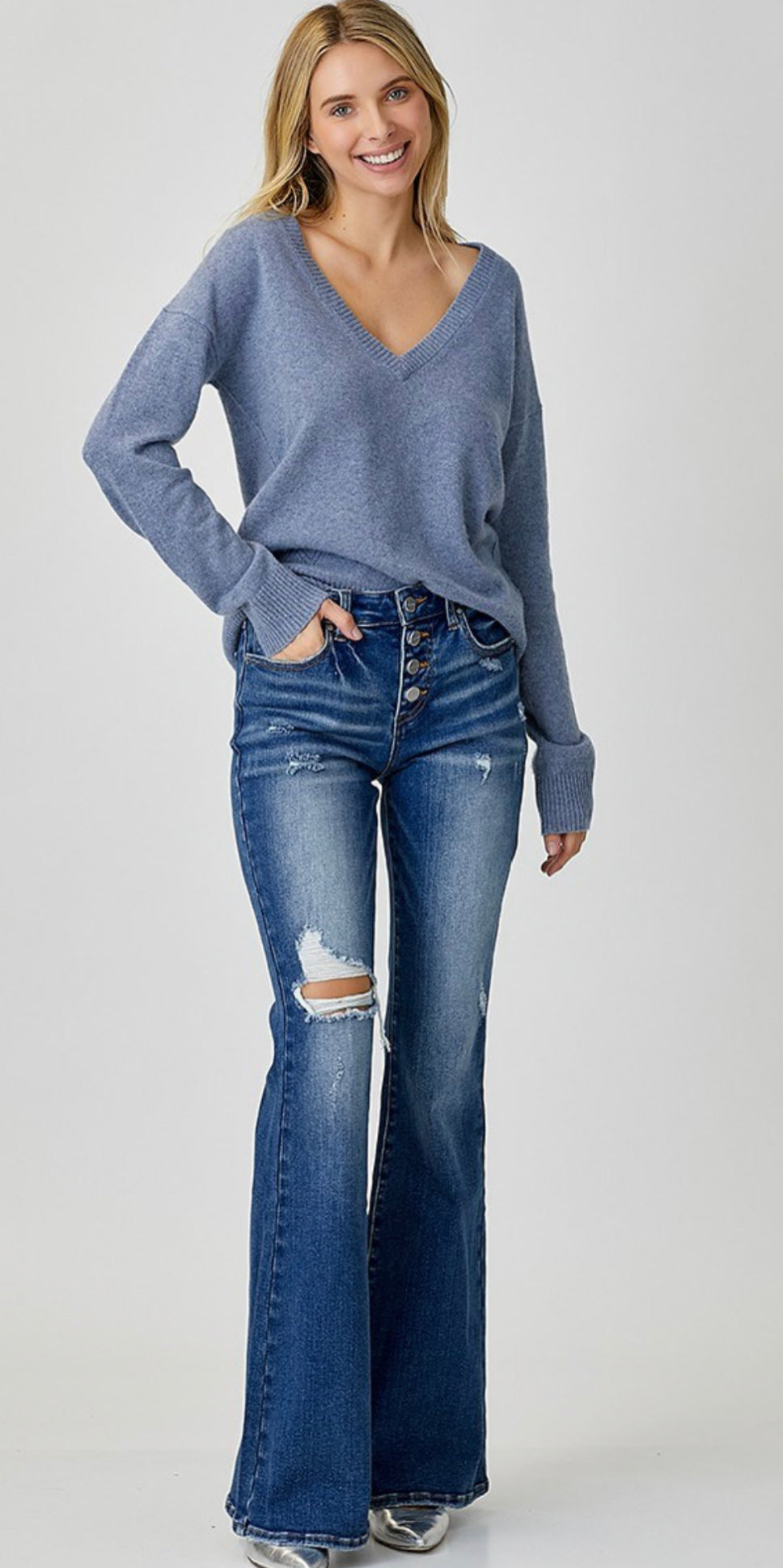 Risen Midrise Button Down Flare Jeans