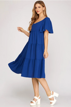 Load image into Gallery viewer, Royal Blue Back Tie Tiered Dress with V Shape Neckline
