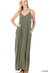 Light Olive V-Neck Cami Maxi Dress w/ Side Pockets