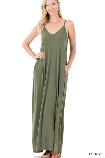 Light Olive V-Neck Cami Maxi Dress w/ Side Pockets