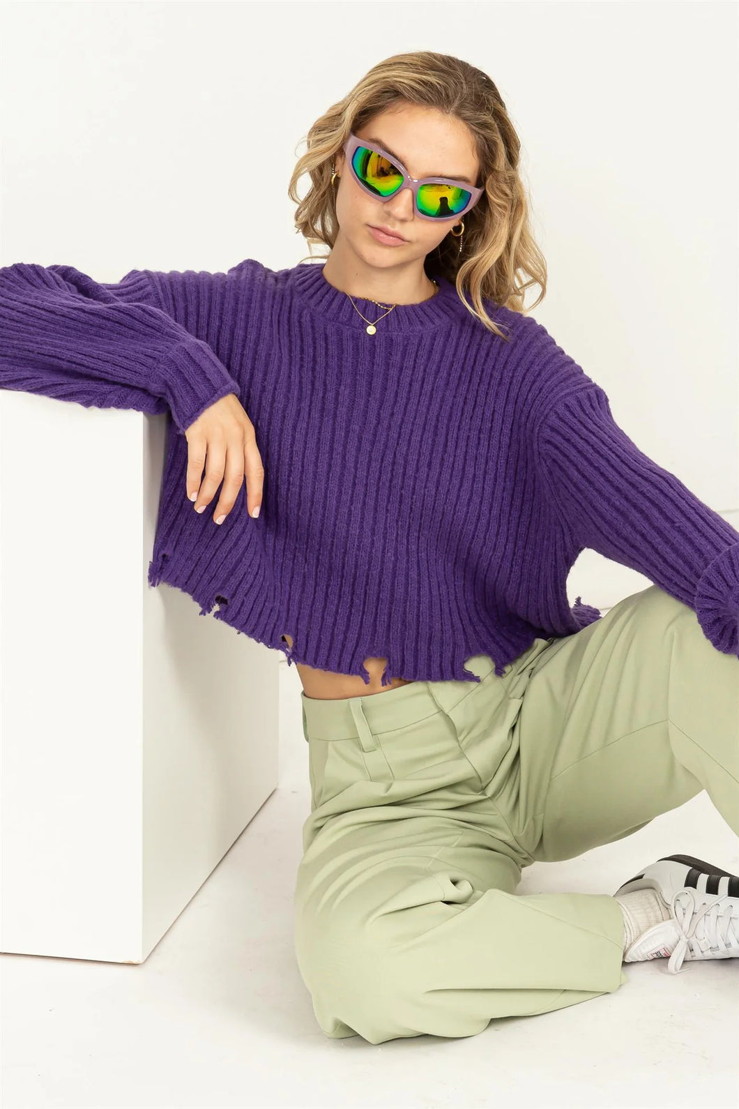 Wisteria Favorite Date Ribbed Distressed Sweater