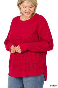 Ruby Red High Low Round Neck Waffle Sweater