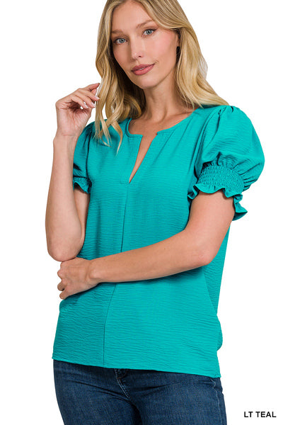 Light Teal Airflow V-Neck Puff Sleeve Top