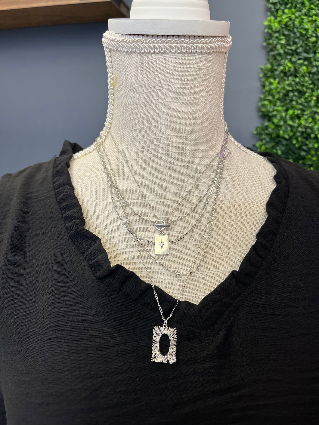 Silver Layered Necklace with Square Charm