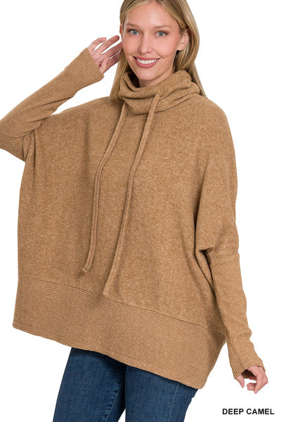 Deep Camel Brushed Hacci Cowl Neck Sweater