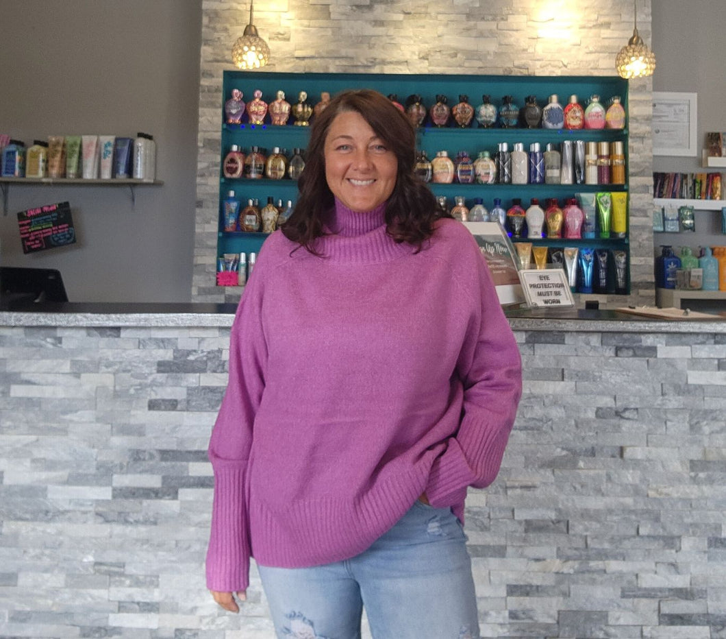 Vintage Plum Loose Mock  Neck Sweater