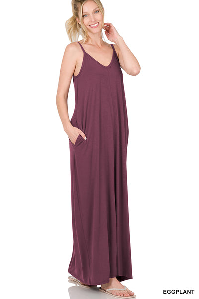 Eggplant V-Neck Cami Maxi Dress w/ Side Pockets