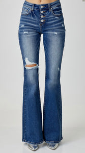 Risen Midrise Button Down Flare Jeans